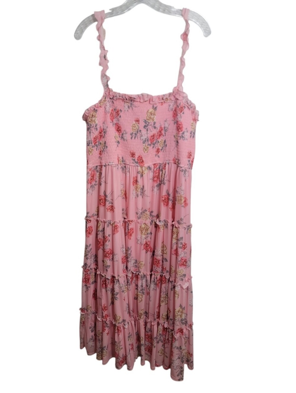 Arula pink smocked tiered ruffle floral midi dress women's size B (U.S 2X 18-20)